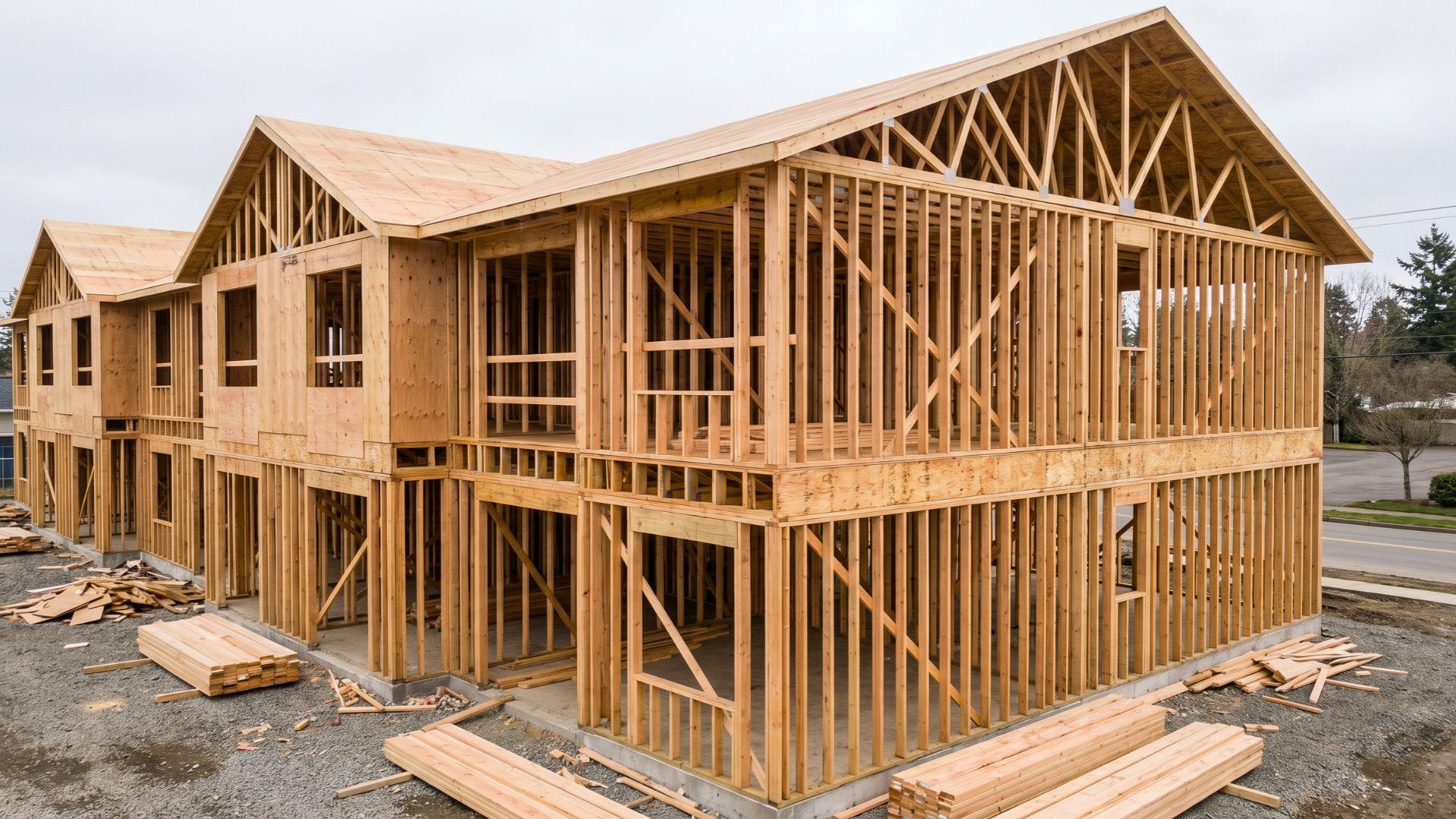 Wood-frame building with combustible exterior walls, floors, and roof framing.