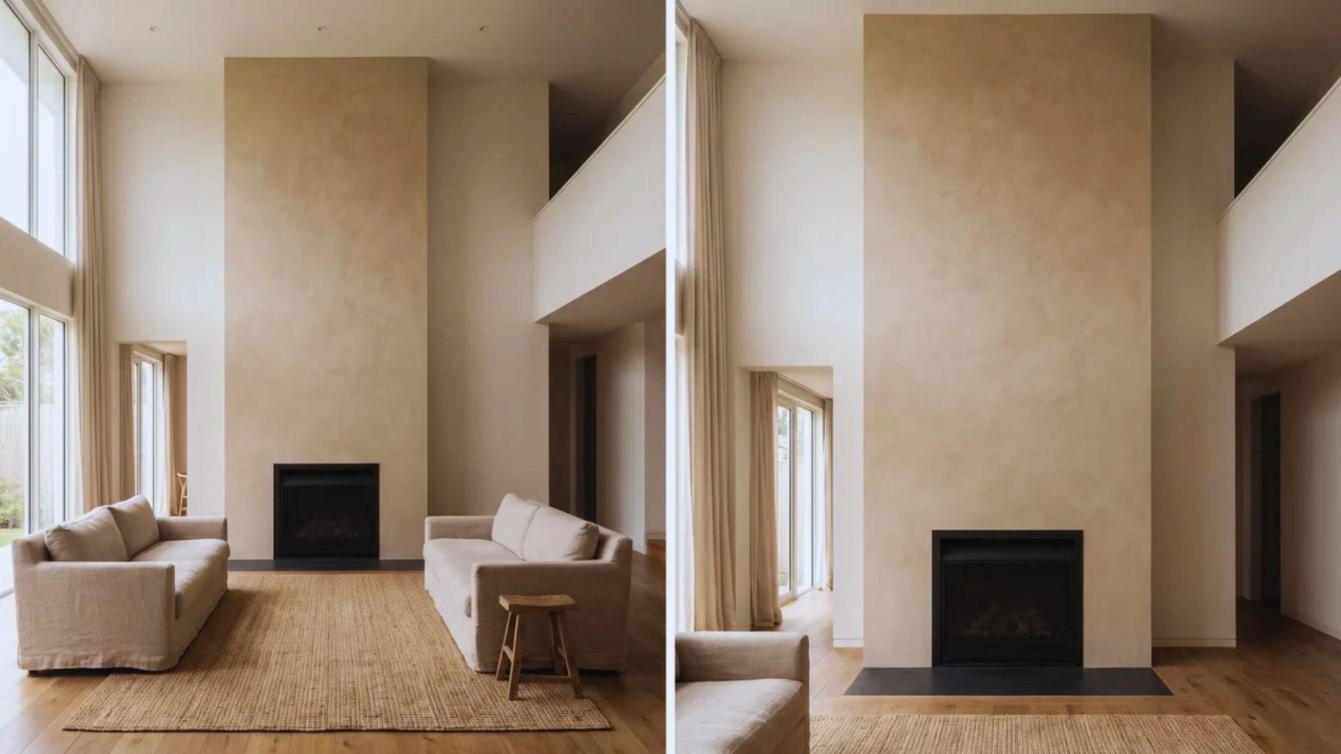 Floor-to-ceiling Venetian plaster chimney breast with a fireplace opening at the bottom.