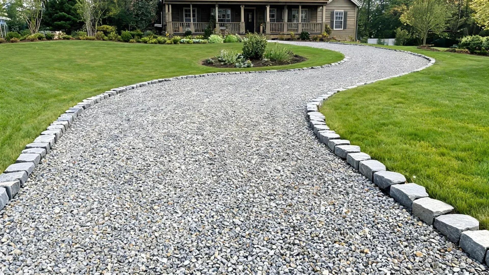 Curved gravel horseshoe driveway with firm stone edging beside a central lawn island.