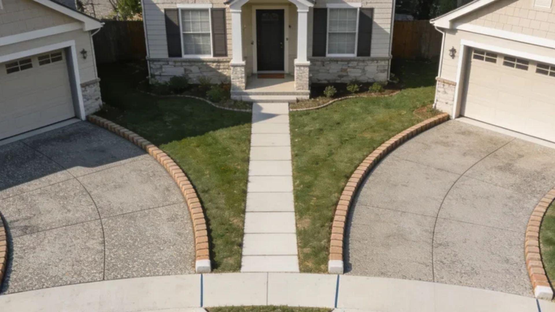 Two curb cuts connect a curved residential driveway across the sidewalk to a public street.