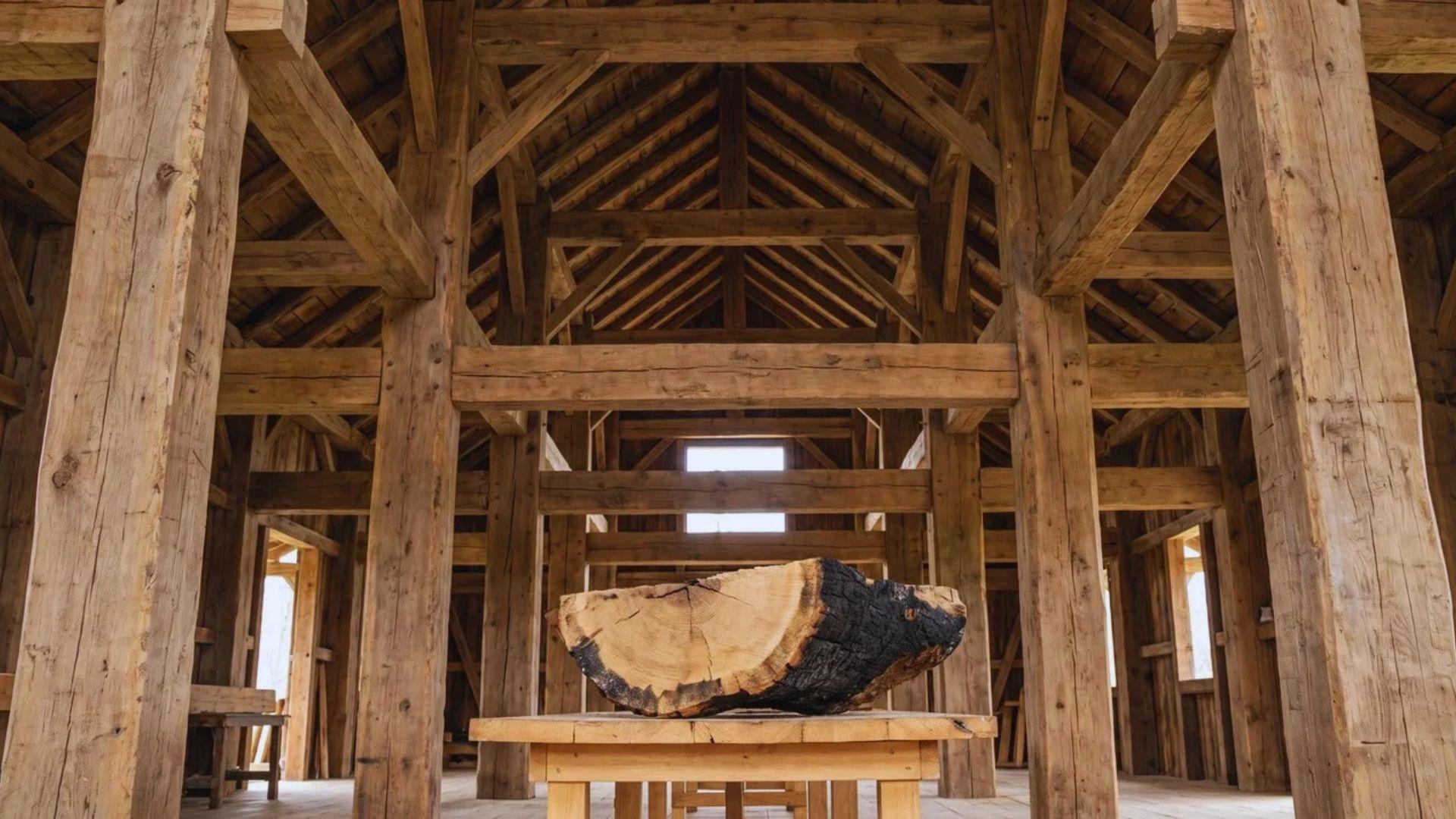 Large timber beams and roof trusses in an open building beside a charred timber cross-section.