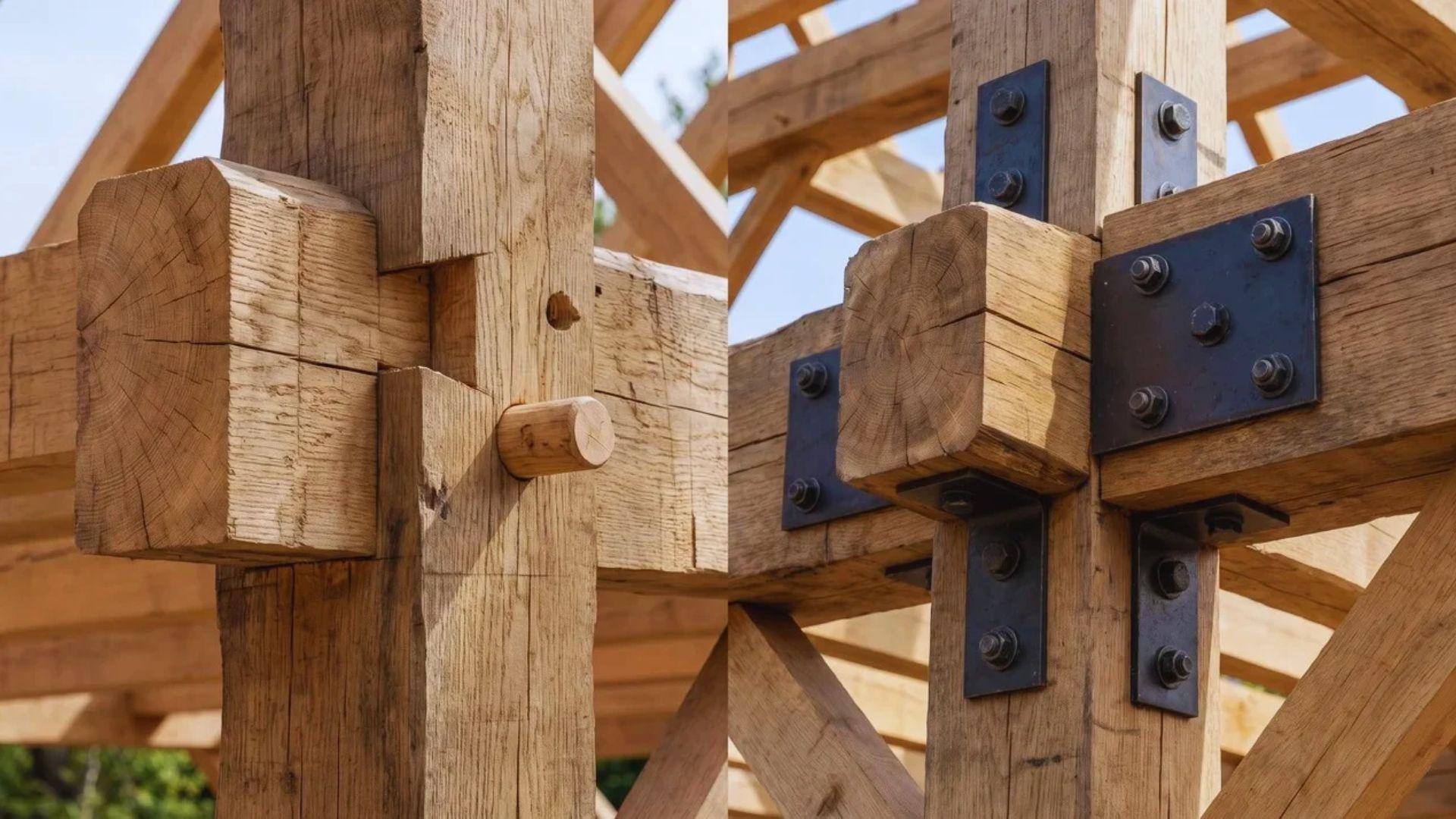 Mortise-and-tenon timber joint with a wooden peg beside a steel plate and bolted connection.