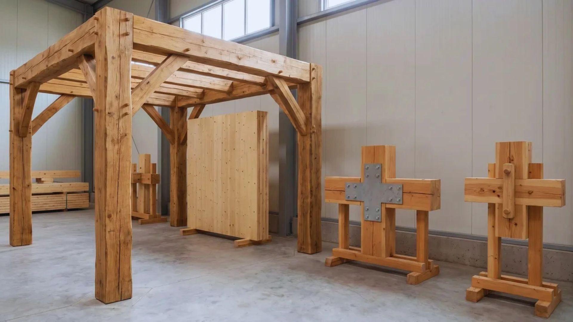 Heavy timber posts and beams displayed beside large engineered timber panels and connection samples.