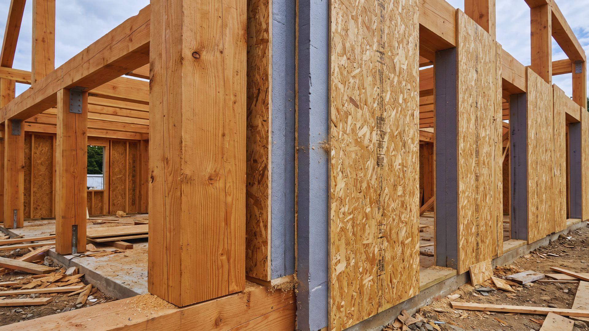 Insulated wall panels fitted around heavy timber posts and beams, with the foam core visible at a panel edge.