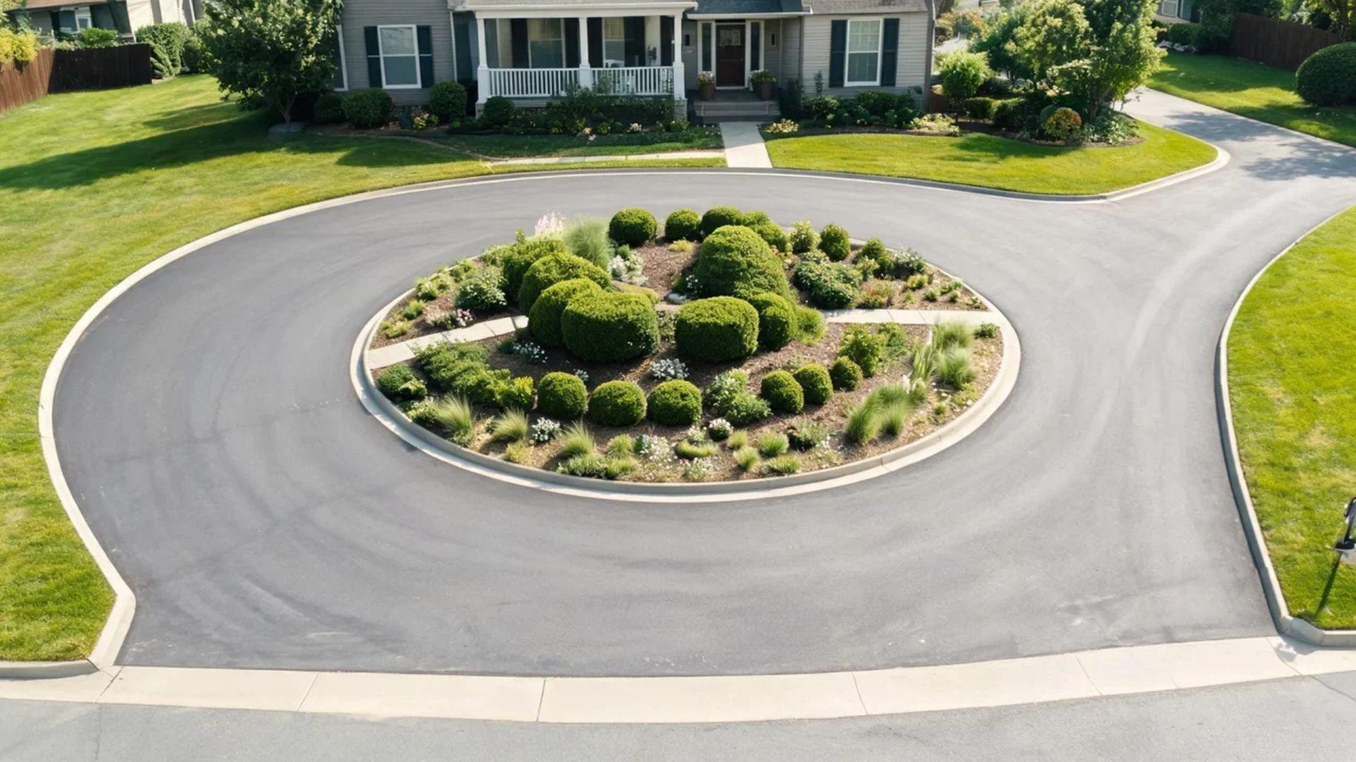 Low evergreen hedges, ornamental grasses, and seasonal flowers fill a horseshoe driveway's central island.