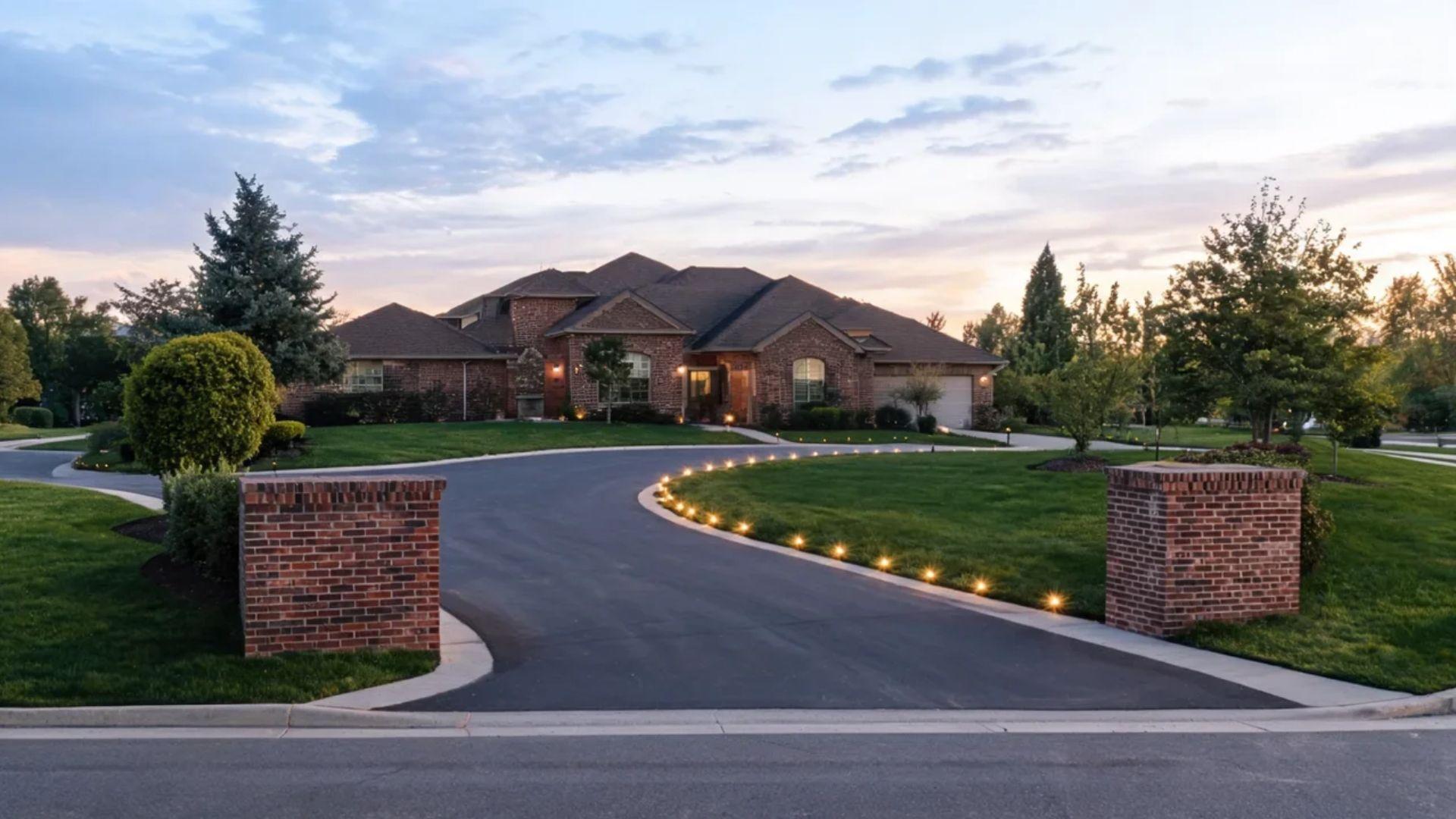Brick pillars frame horseshoe driveway entrances with low-voltage path lights along the curved edge.