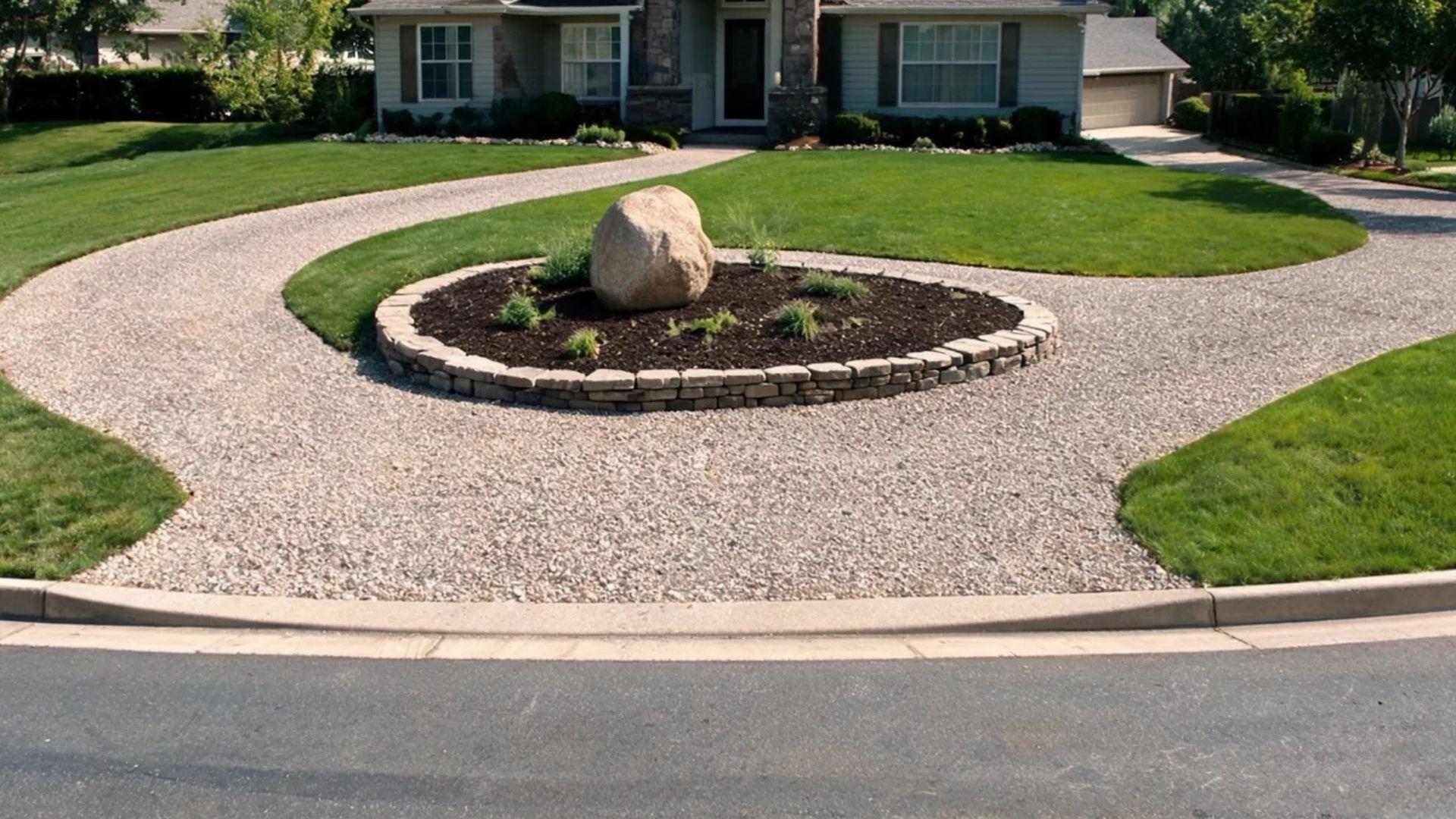 Natural boulder and low stone retaining wall in the central island of a horseshoe driveway.