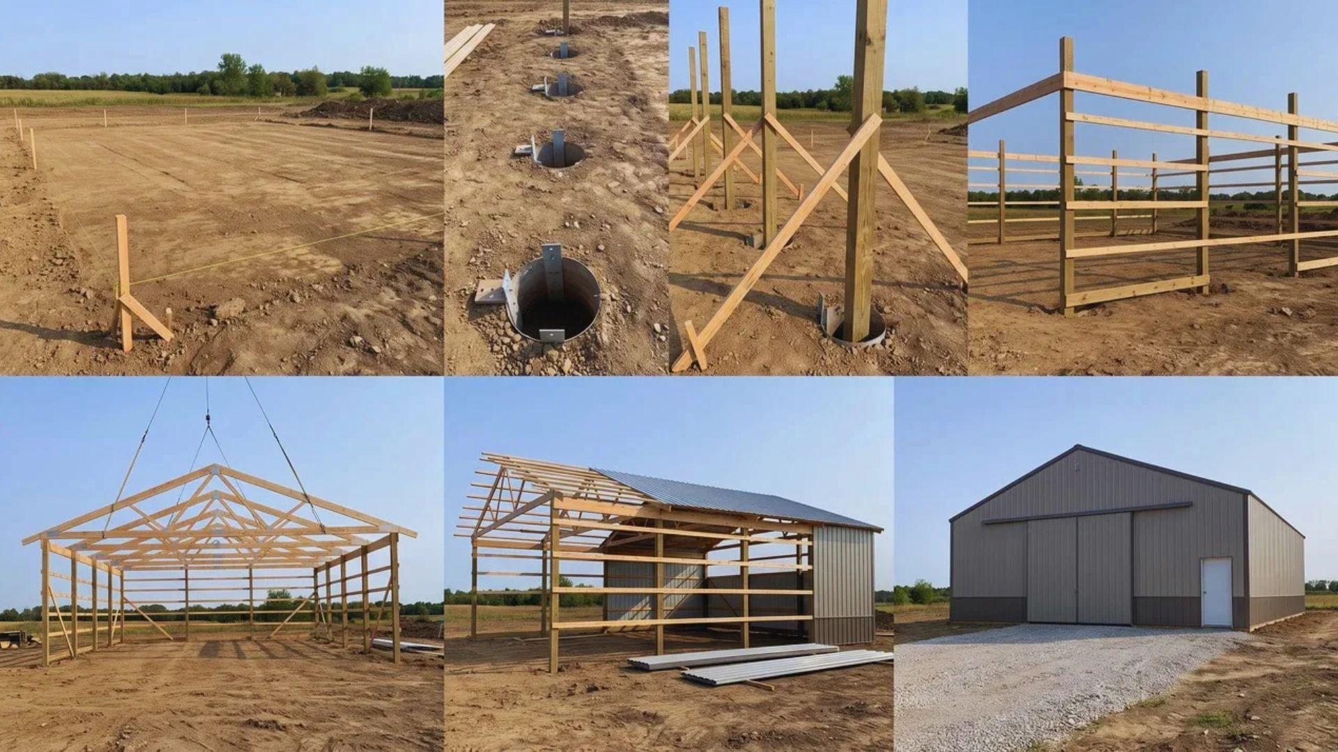 Seven construction stages show a pole barn being laid out, framed, roofed, and enclosed.
