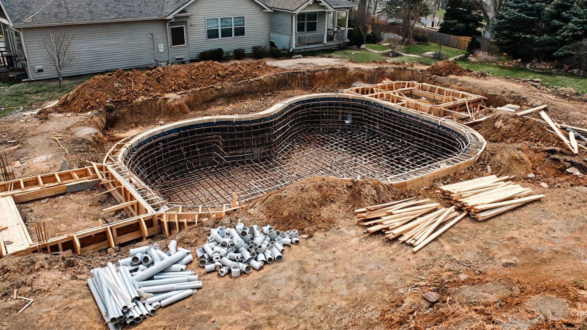 Residential inground pool construction site with excavation, structural work, plumbing, and decking materials.