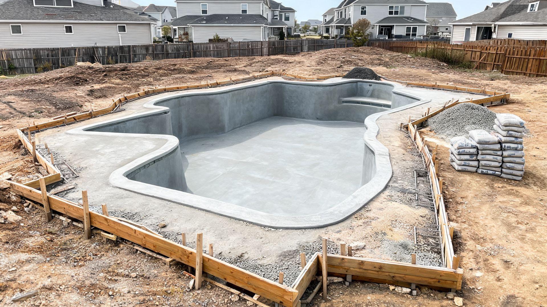 Inground pool at mid-construction with unfinished deck and surrounding construction work.