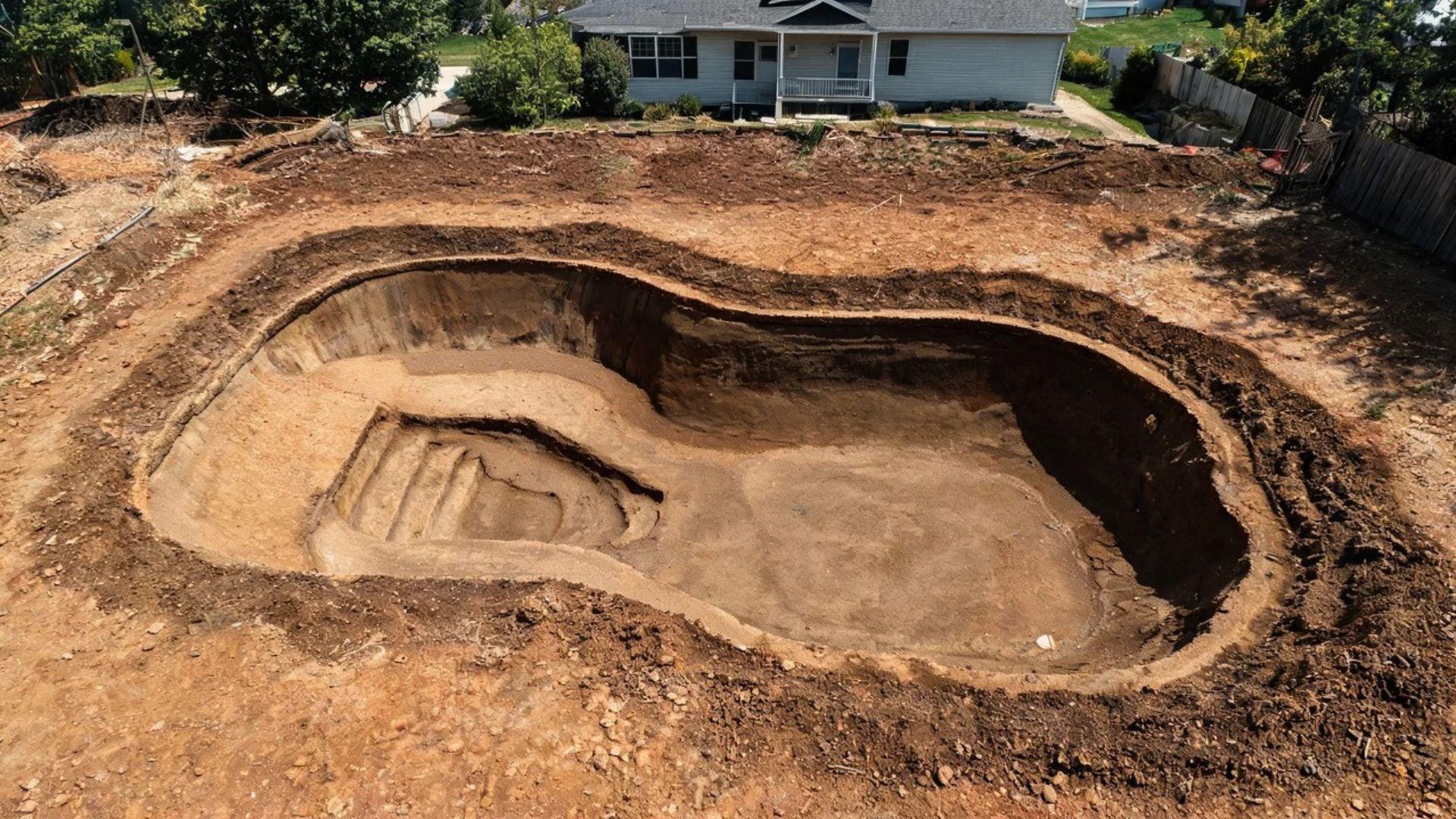 Inground pool excavation with graded shallow and deep areas and a wider dig boundary.