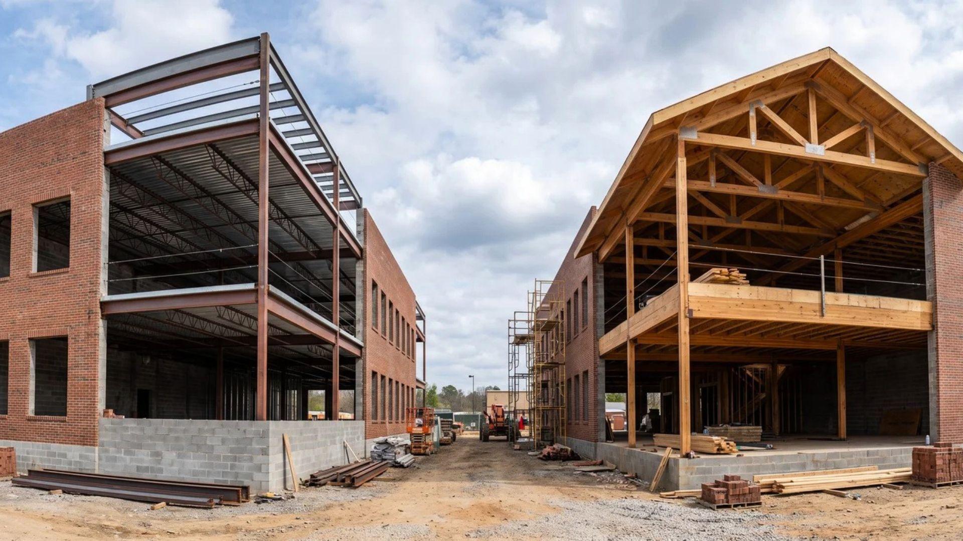 Commercial masonry buildings showing wood framing and noncombustible steel floor and roof assemblies.