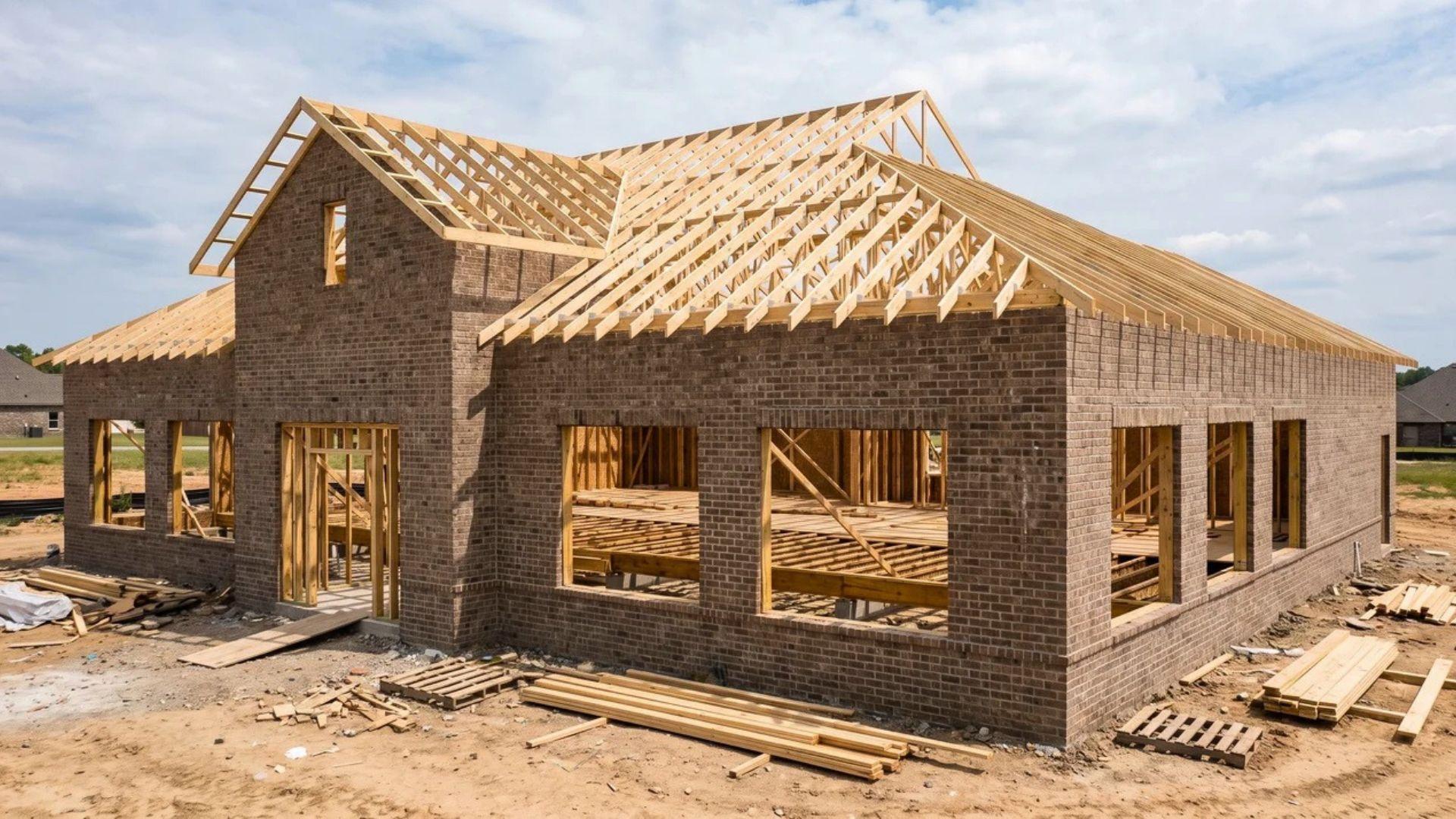 Commercial building with masonry walls and exposed wood floor joists and roof framing.