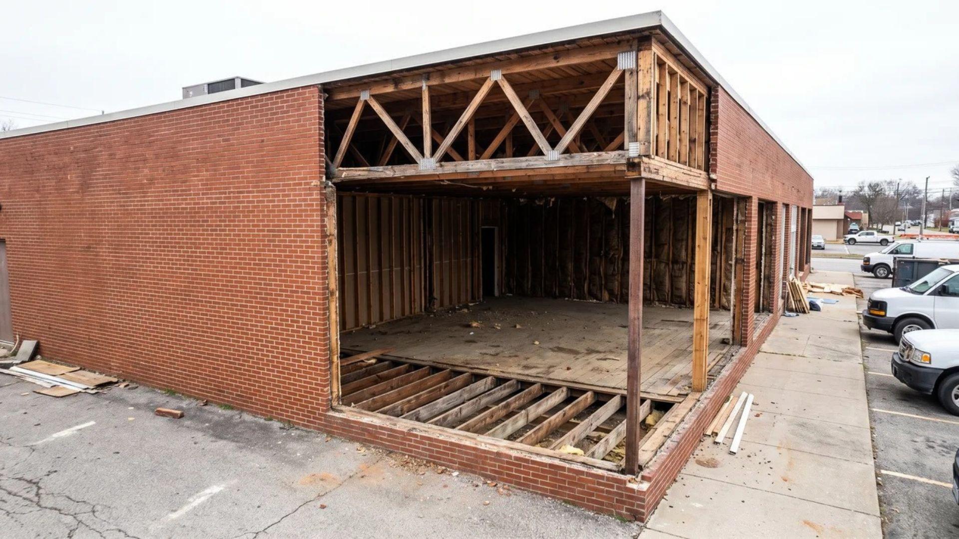 Joisted masonry building with masonry walls and combustible wood floor and roof framing.