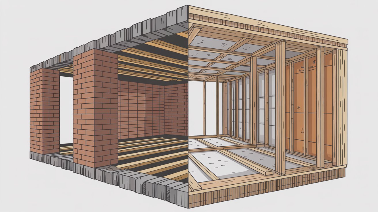 Visual comparison of joisted masonry and frame construction differences.