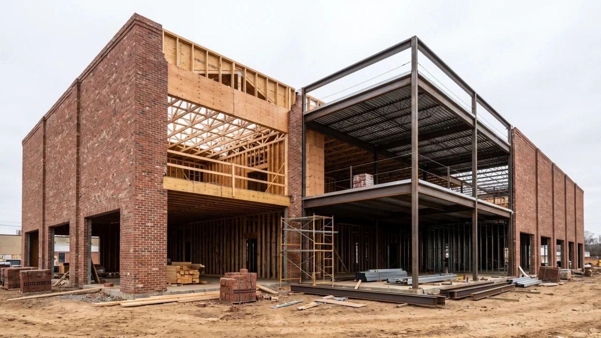 Commercial building showing masonry walls with wood framing compared with masonry walls and steel framing.