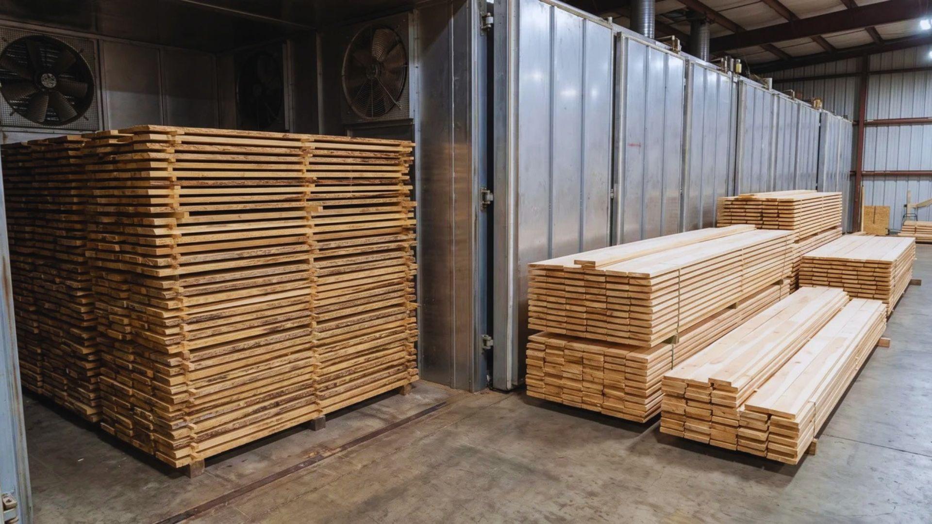 Timber boards stacked with spacers inside a kiln drying area.
