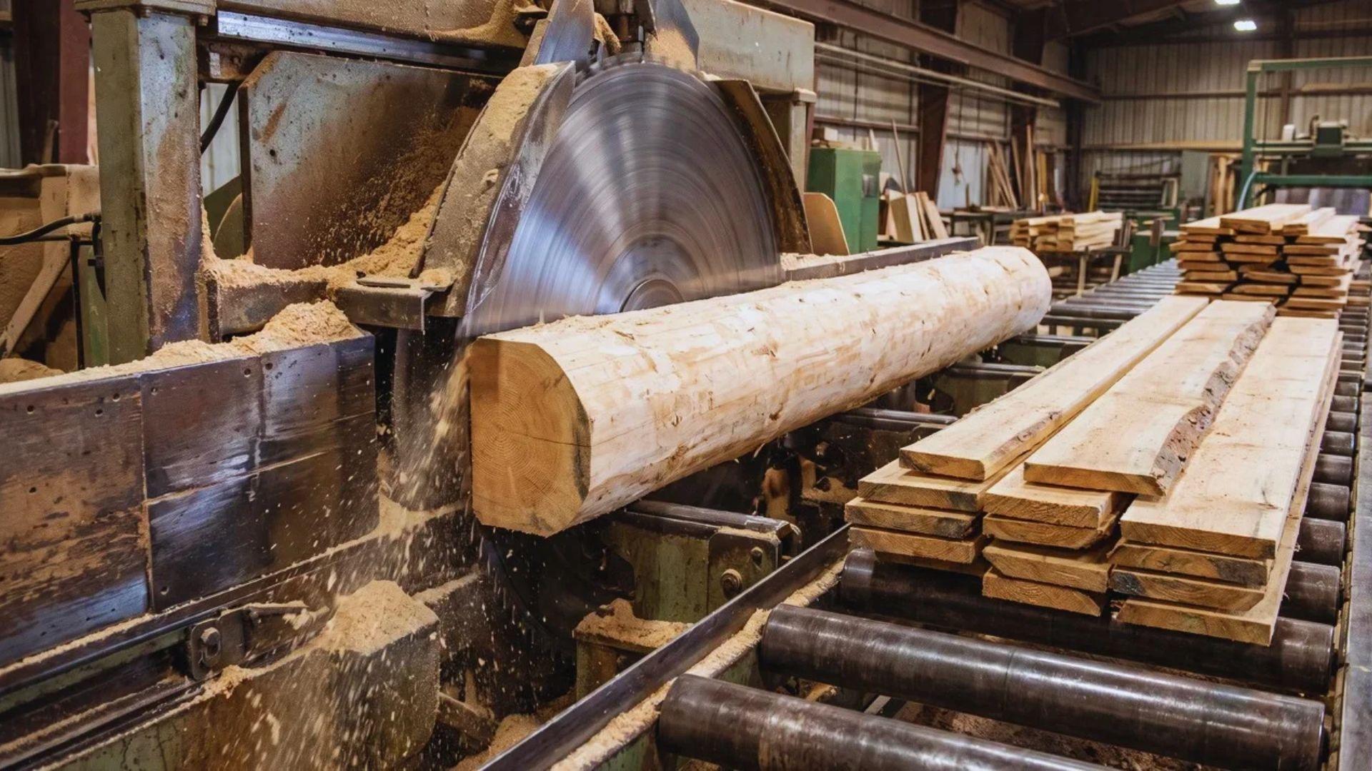 A softwood log passing through a sawmill with rough-cut boards and beams nearby.