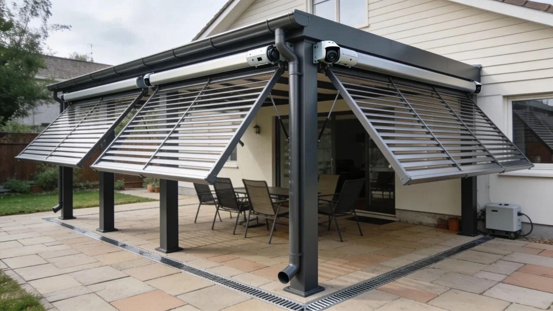 Installed louvered pergola with adjustable metal roof blades, support posts, and integrated gutters over a patio.