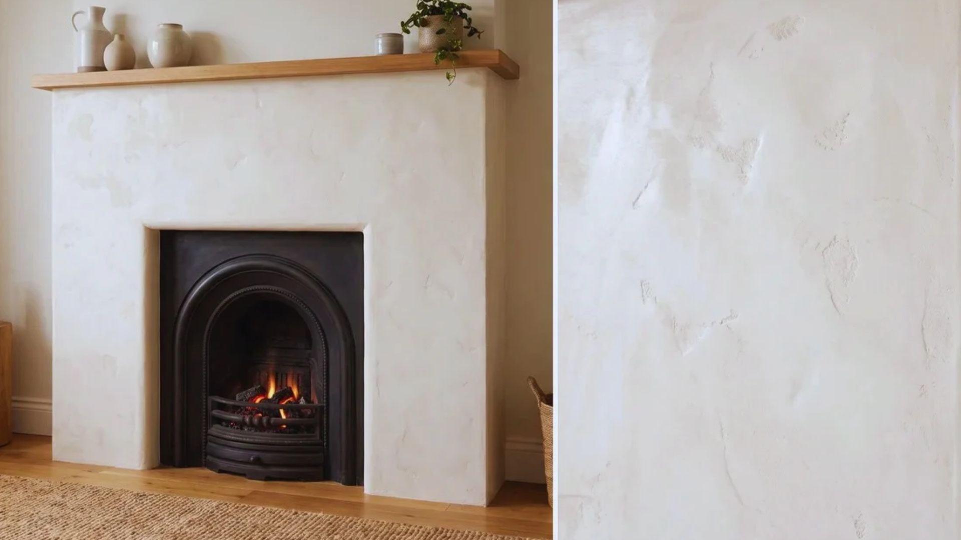 Marmorino plaster fireplace surround with a softly textured stone-like surface.
