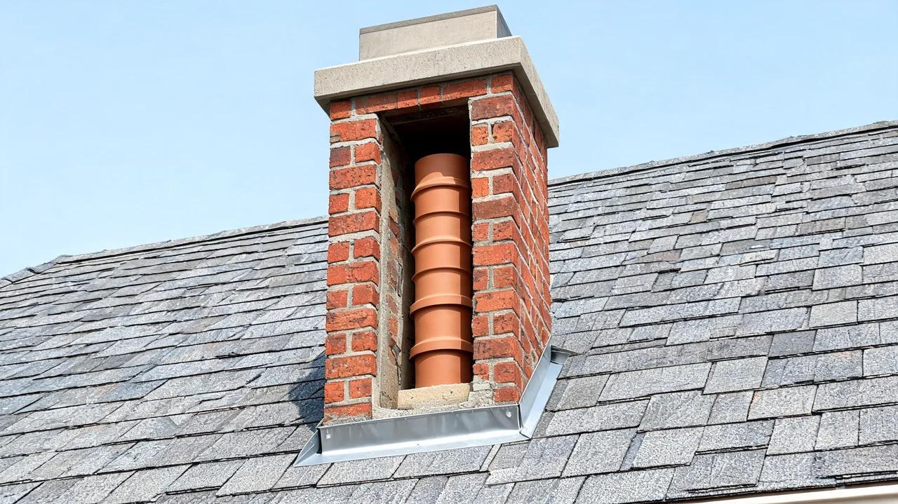 Masonry chimney with clay tile flue liner surrounded by solid masonry and topped with a chimney cap.