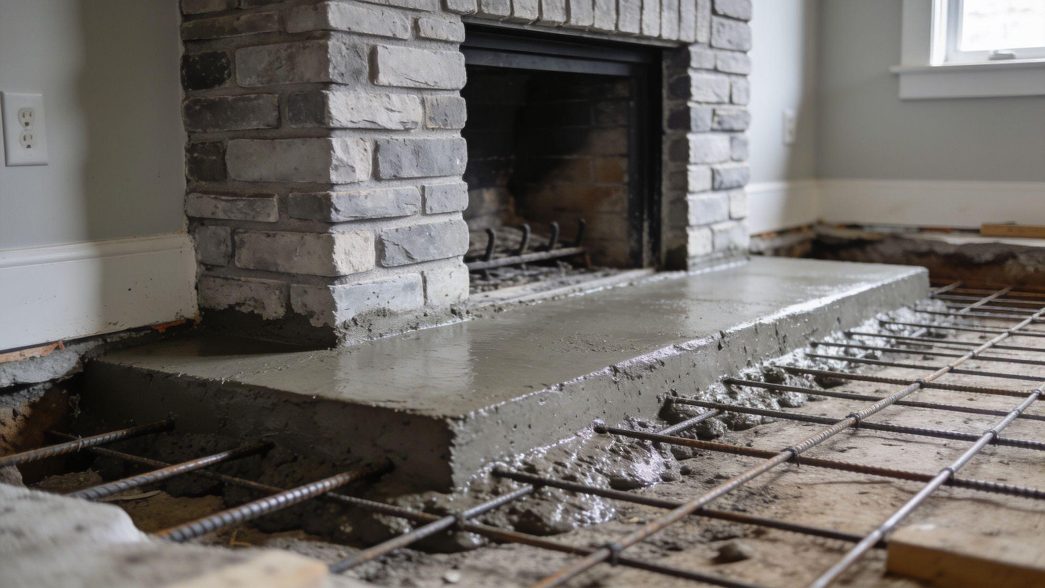 Reinforced concrete footing beneath an indoor masonry fireplace under construction.