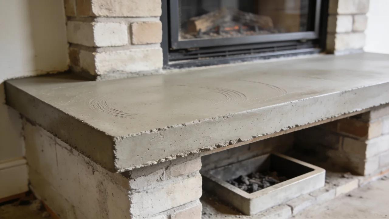 Concrete hearth slab above the foundation wall beneath an indoor masonry fireplace.