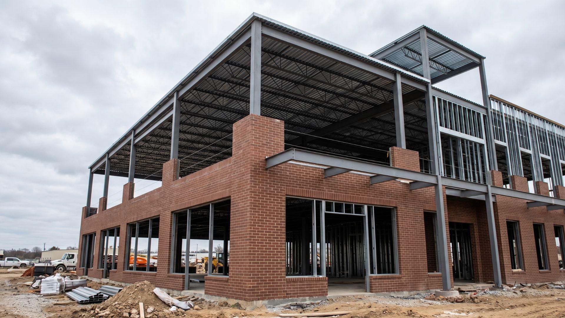 Commercial building with masonry walls, steel framing, and a metal roof deck.
