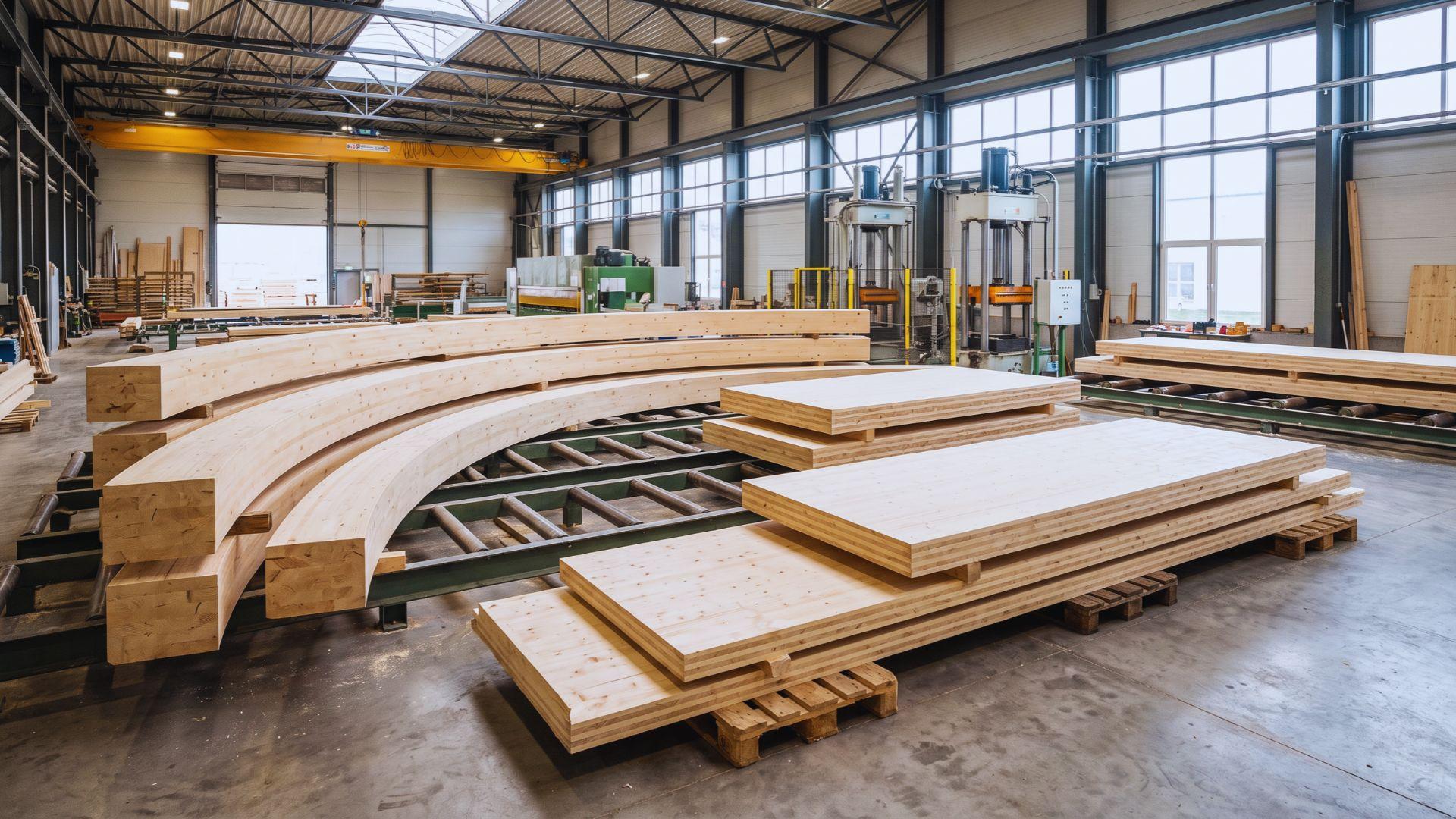 Large glulam beams and cross-laminated timber panels stacked in a manufacturing facility.