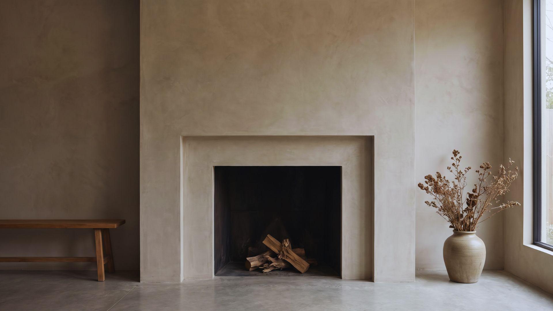 Matte greige Marmorino plaster fireplace surround with a simple rectangular opening.