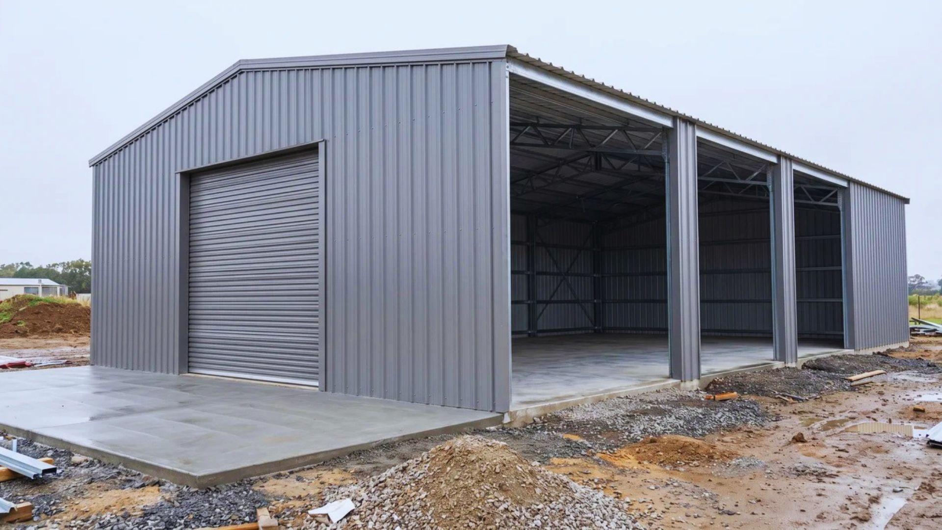 Metal building with corrugated steel panels, a roll-up door, and a concrete slab.