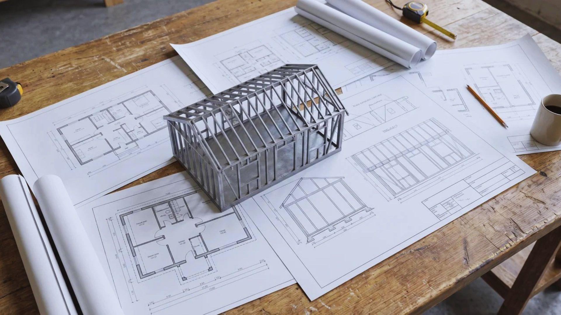 Building plans, a site layout drawing, and a metal building model arranged on a work surface.
