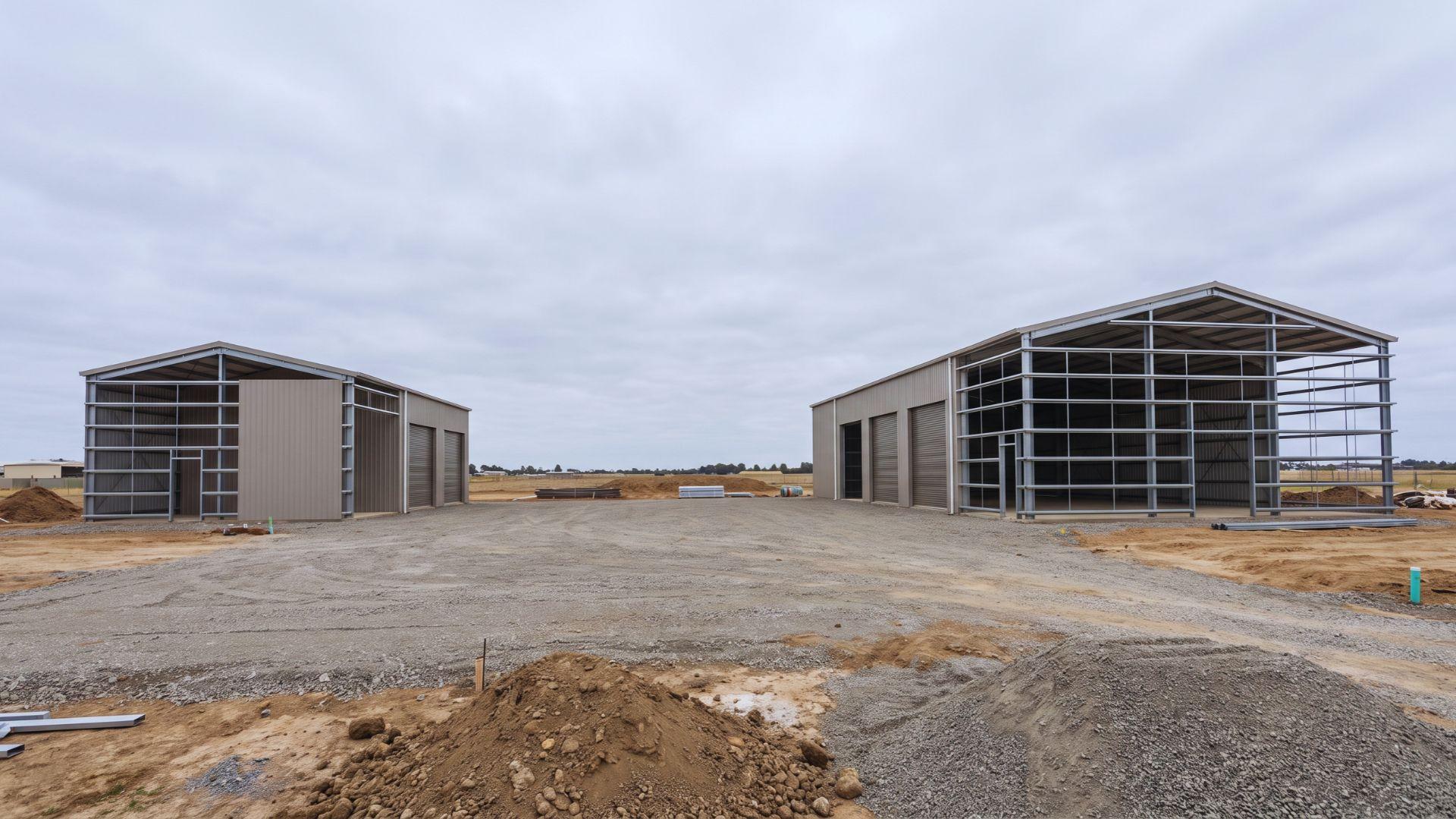 Two metal buildings of different sizes with steel wall panels and roll-up doors.