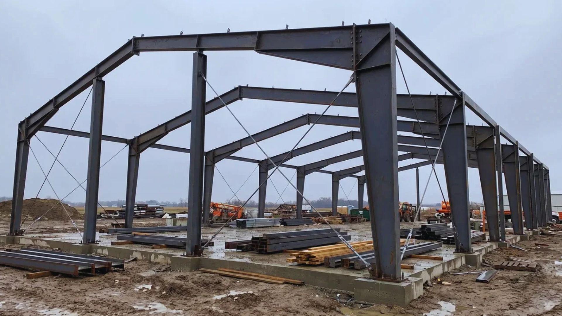 Steel columns and rafters joined into a metal building frame with temporary diagonal bracing.
