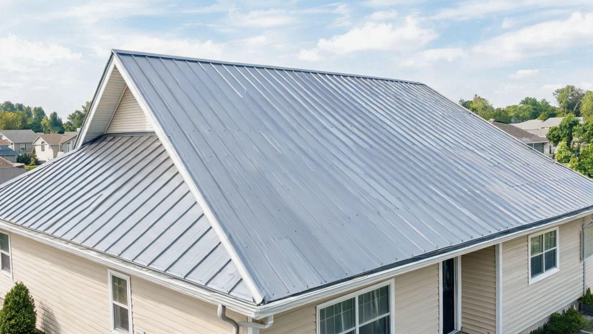 Residential home with standing seam metal roofing and visible panel joints.