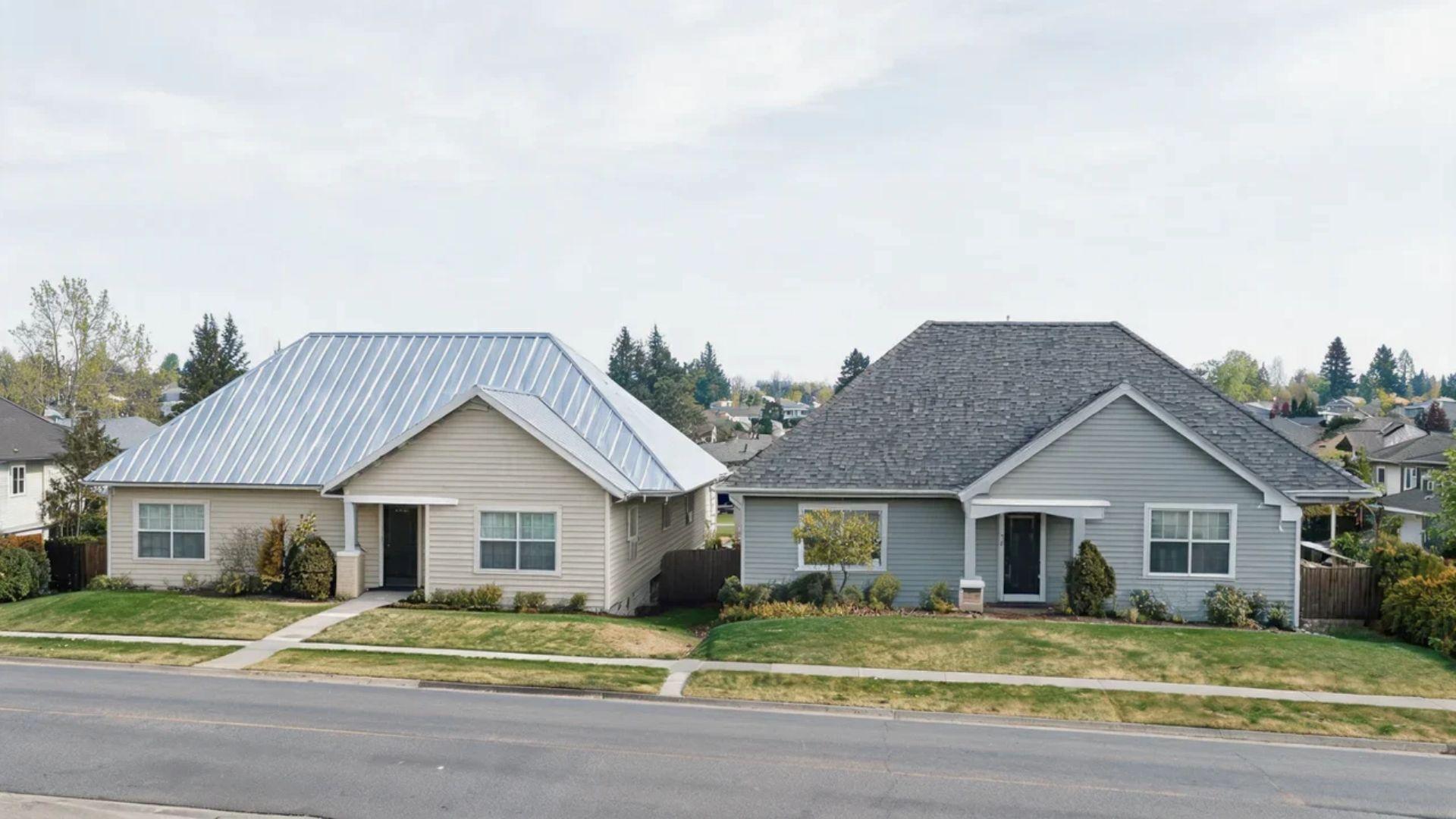 Two residential houses with metal roofing and asphalt shingles.