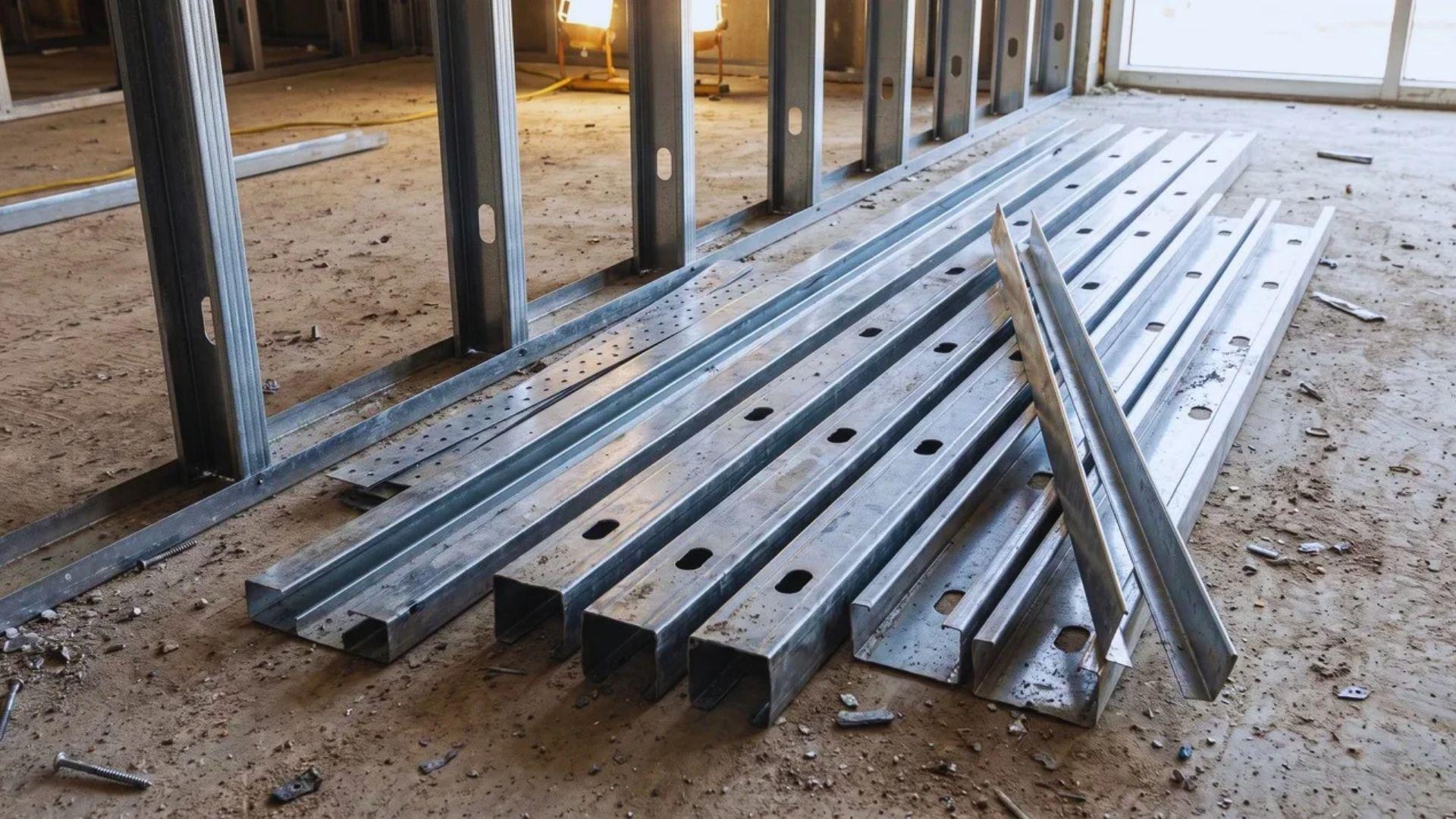 Steel studs, U-shaped tracks, punched holes, bridging straps, and stiffeners for commercial wall framing.