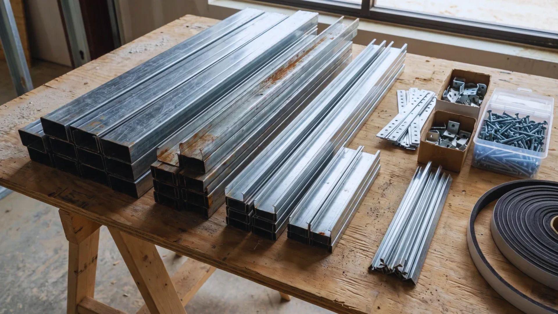 Steel studs, tracks, bridging straps, clips, screws, spacer bars, and a sealer gasket.