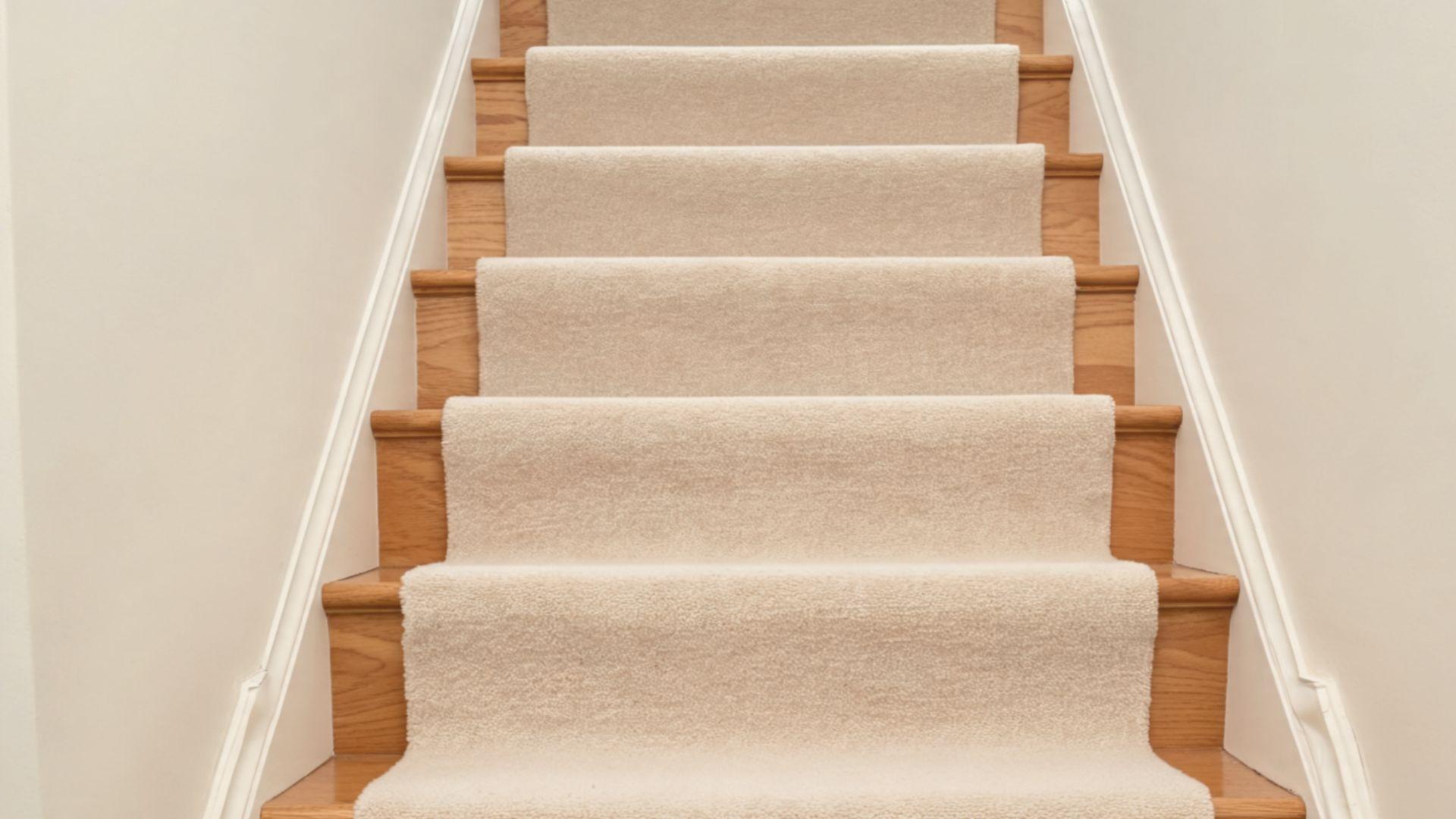 Solid oatmeal stair runner without a border on a wooden staircase