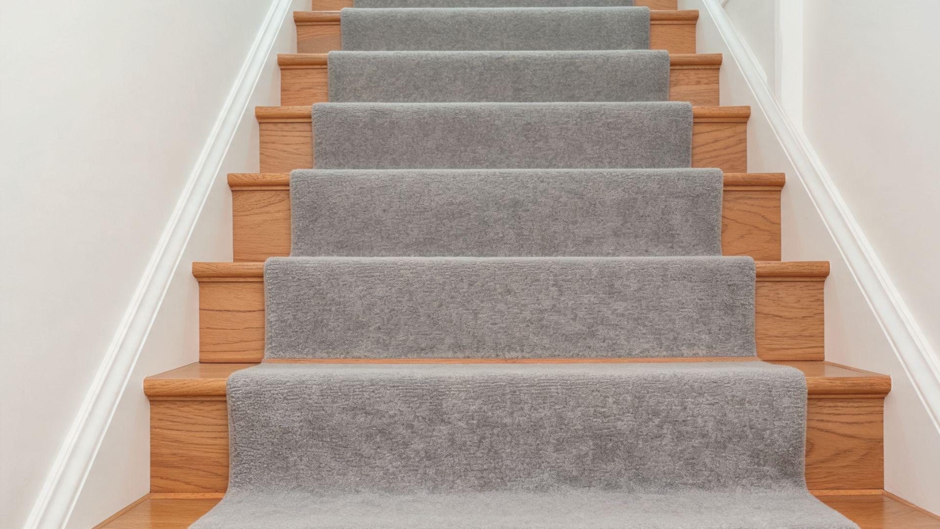 Narrow gray stair runner centered on wooden stairs in a modern home