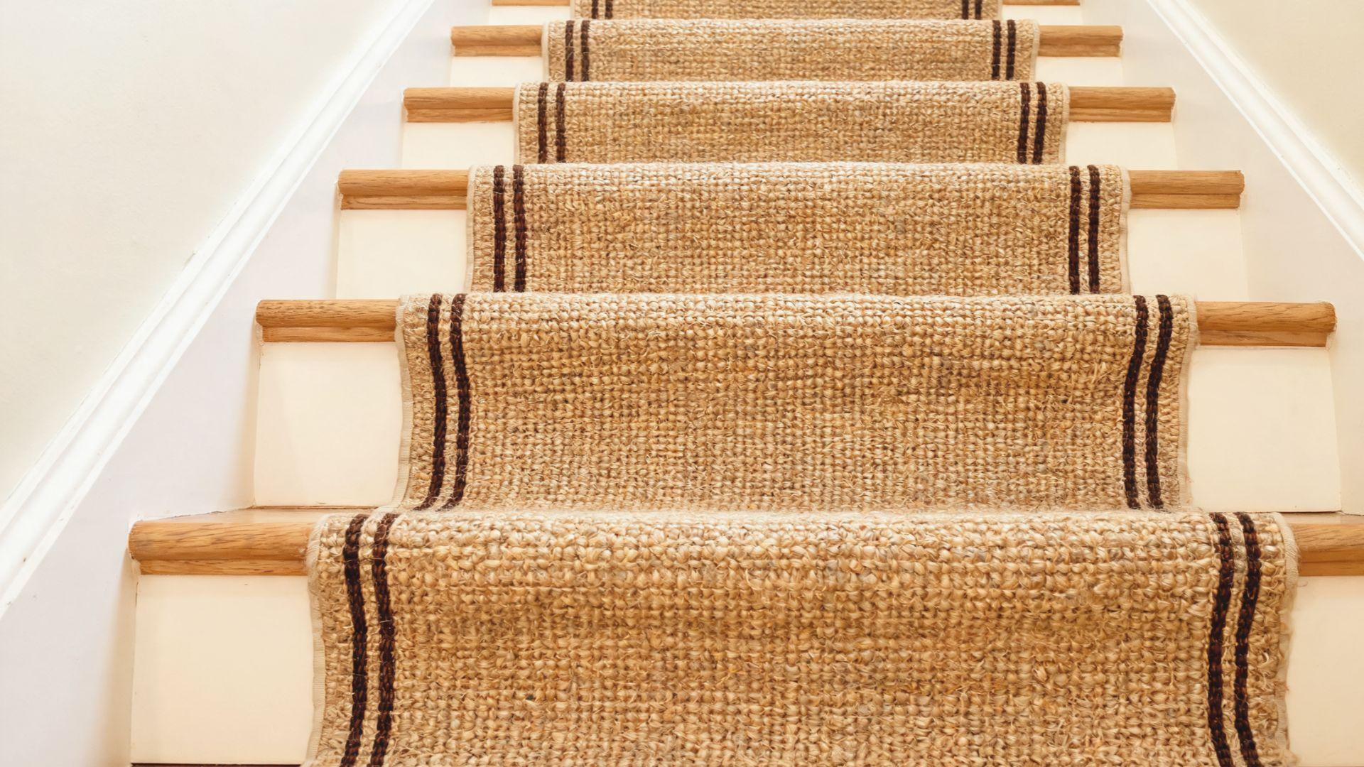 Natural-fiber stair runner with a woven jute texture and striped border on wooden stairs