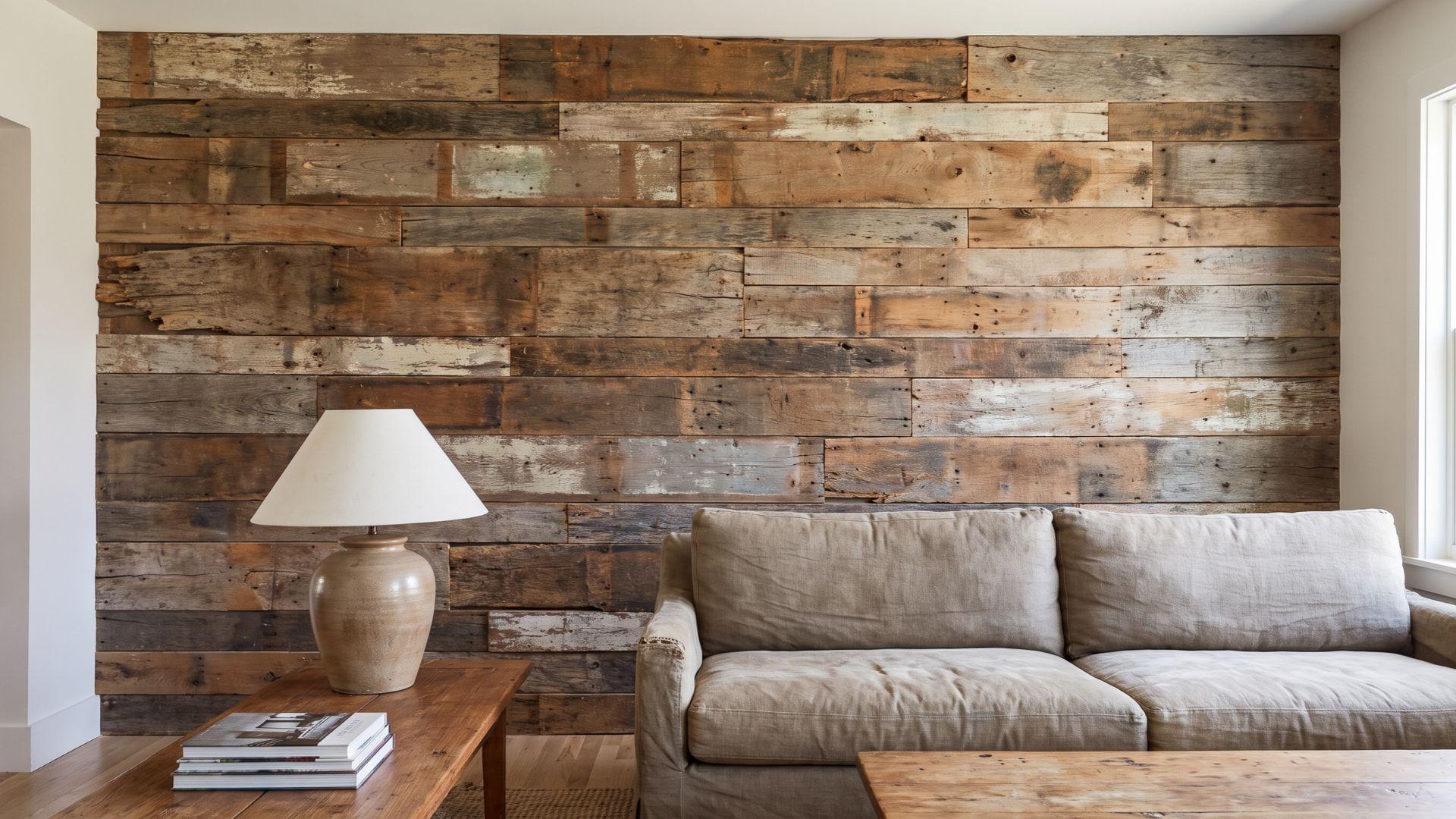 Reclaimed pallet wood wall panels with varied grain, worn surfaces, and mixed wood tones.