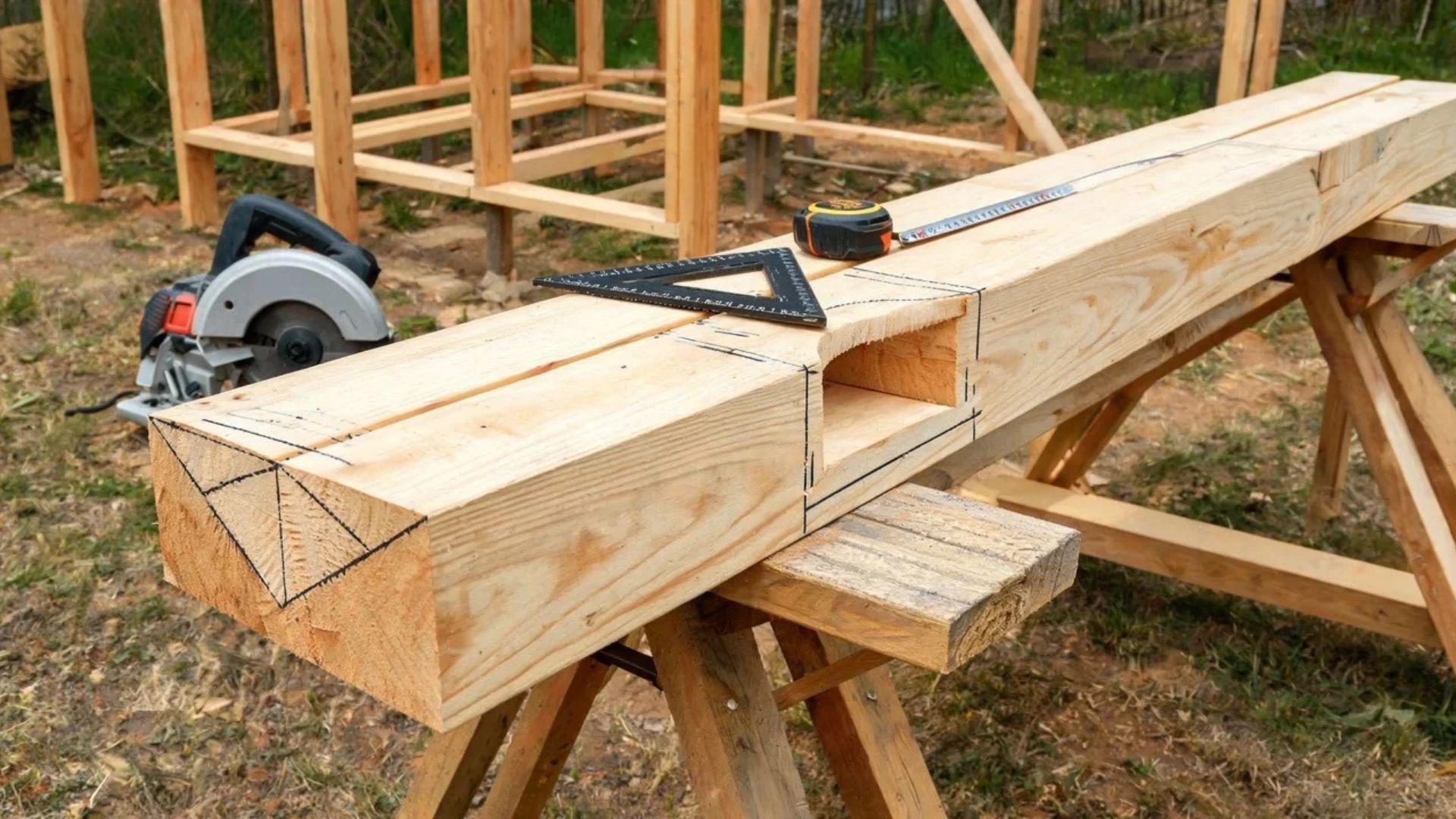 Timber rafter marked for plumb, birdsmouth seat and heel, and tail cuts beside a speed square.