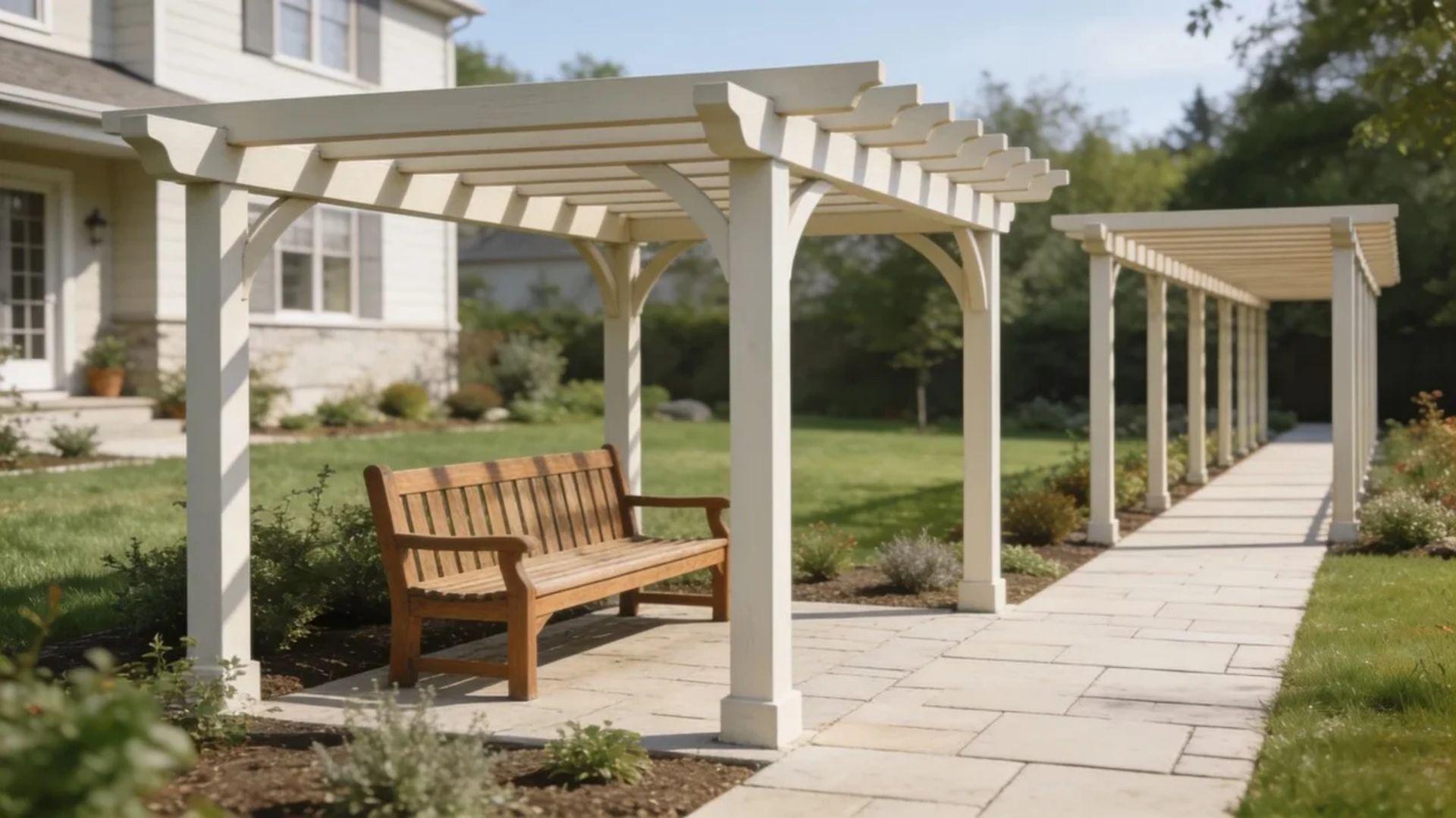 Wide arbor with a garden bench beside a narrow pergola extending along a walkway.
