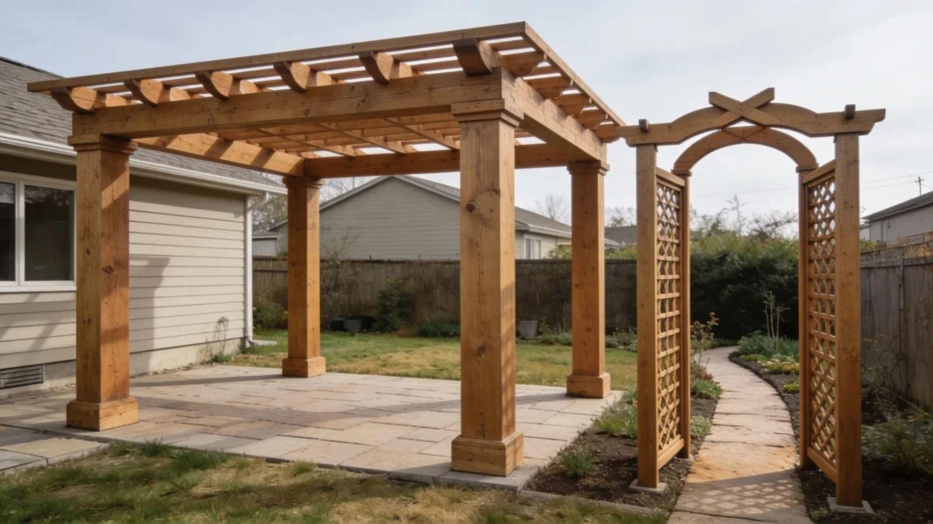 Wooden pergola with four support columns and open roof rafters beside a smaller arbor with lattice sides.