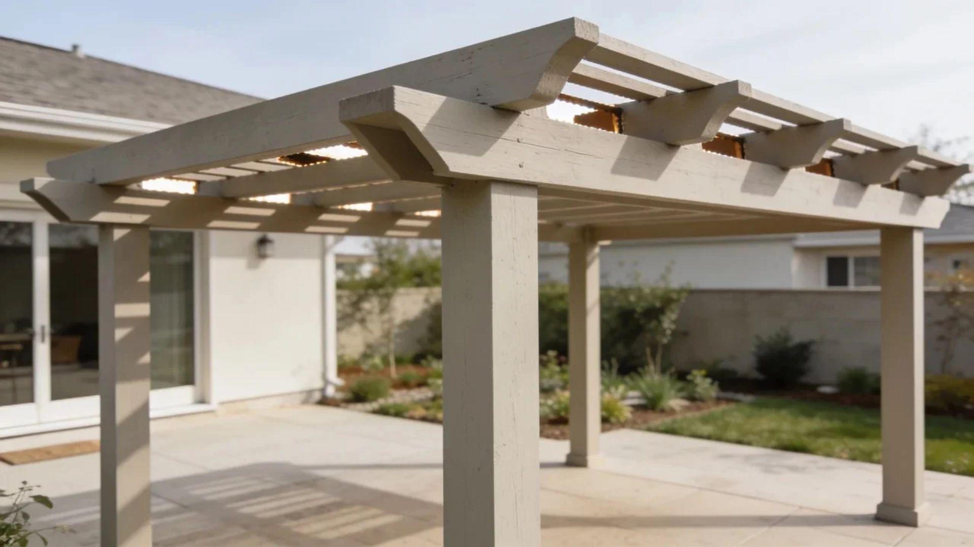Pergola frame with vertical posts, horizontal beams, and open overhead rafters.