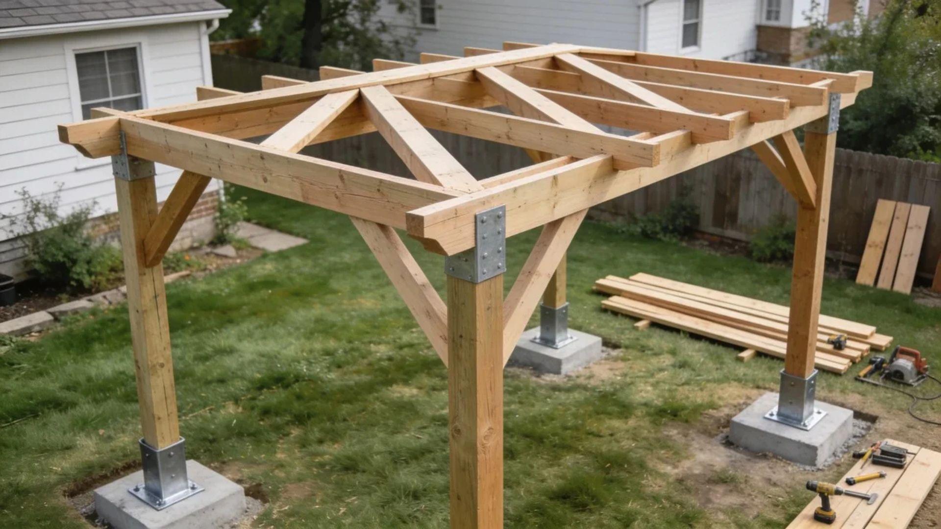 Pergola frame under construction with wooden posts, beams, rafters, and concrete footings.