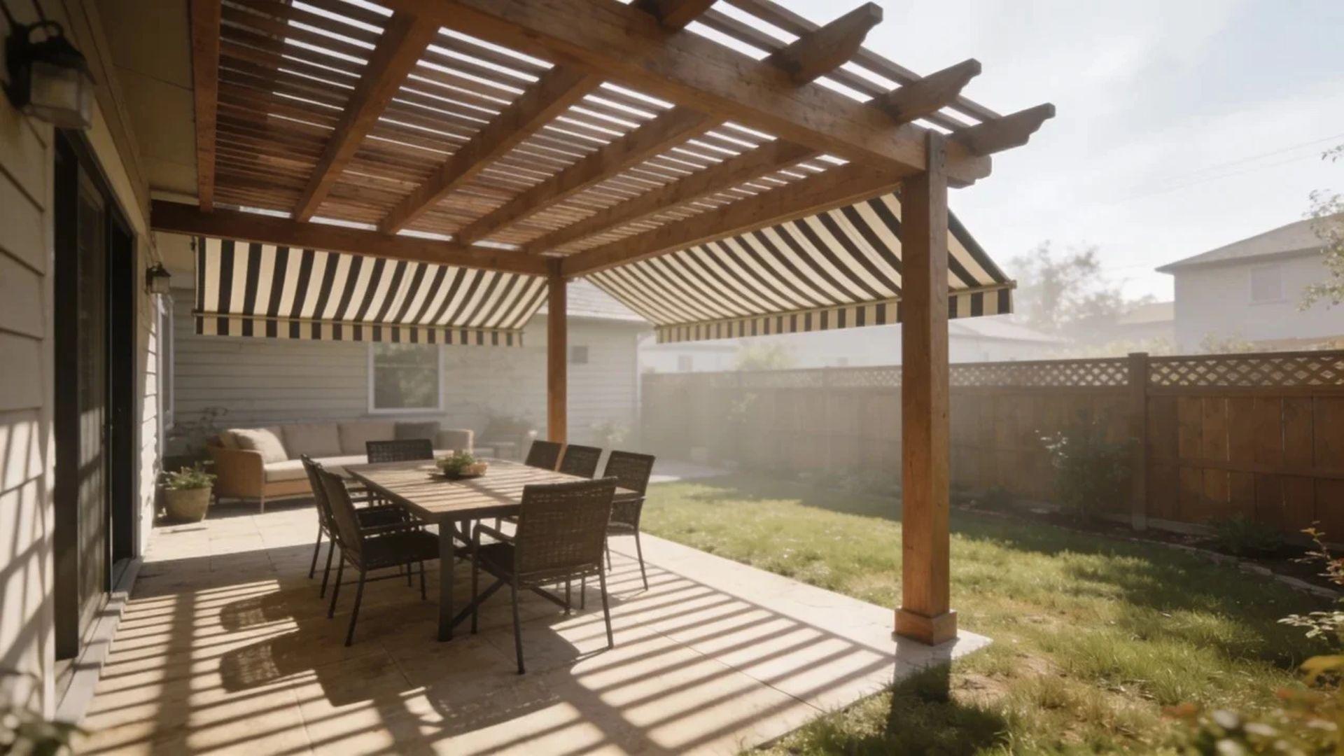 Pergola with open rafters shading an outdoor dining table and chairs on a patio.