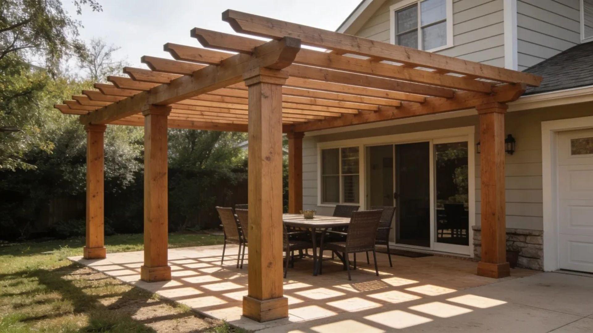 Wooden pergola with open rafters covering a patio dining set beside a house.