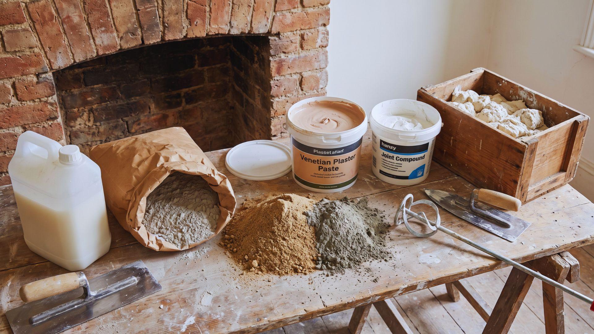 Containers of bonding agent, base-coat plaster, sand-and-cement mix, Venetian plaster, joint compound, and lime plaster.